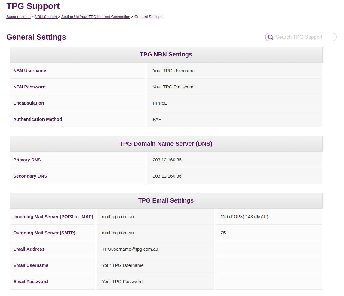 TPG&rsquo;s NBN settigns with no VLAN setting mentioned